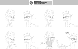 Size: 2564x1616 | Tagged: safe, artist:sintakhra, imported from derpibooru, gallus, smolder, dragon, griffon, tumblr:studentsix, ask, chuckle, monochrome, tail flick, tumblr