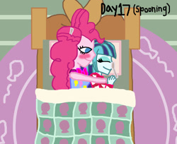 Size: 1600x1308 | Tagged: safe, artist:ktd1993, imported from derpibooru, pinkie pie, sonata dusk, equestria girls, bed, blushing, clothes, cuddling, female, lesbian, pajamas, pinata (ship), shipping, spooning