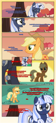 Size: 1919x4225 | Tagged: safe, artist:estories, imported from derpibooru, applejack, oc, oc:silverlay, earth pony, original species, pony, unicorn, comic:a(pple)ffection, applejack's hat, canon x oc, comic, cowboy hat, female, grammar error, hat, lesbian, shipping, silverjack, stetson, text, tree, umbra pony