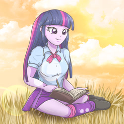 Size: 2952x2952 | Tagged: safe, imported from derpibooru, twilight sparkle, equestria girls, adorkable, book, boots, clothes, cloud, cute, dork, drawing, female, grass, high heel boots, leg warmers, legs, miniskirt, pencil, pleated skirt, rubber boots, shirt, shoes, sitting, skirt, sky, smiling, solo