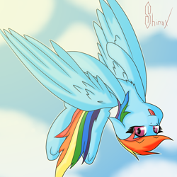 Size: 3000x3000 | Tagged: safe, artist:shinxx24, imported from derpibooru, rainbow dash, pegasus, pony, backflip, female, flying, solo, tongue out, underhoof