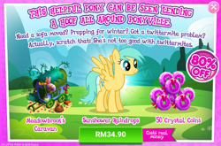 Size: 1039x684 | Tagged: safe, imported from derpibooru, sunshower raindrops, pegasus, pony, advertisement, background pony, caravan, coin, costs real money, female, gameloft, mare, official, sale, solo, spread wings, wings