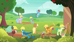 Size: 1366x768 | Tagged: safe, imported from derpibooru, screencap, applejack, gallus, ocellus, rainbow dash, sandbar, silverstream, smolder, yona, changedling, changeling, classical hippogriff, dragon, earth pony, griffon, hippogriff, pegasus, pony, yak, non-compete clause, apple tree, board, bow, cloven hooves, construction, crosscut saw, dragoness, female, field, flying, hair bow, hard hat, helmet, male, mare, monkey swings, mouth hold, paintbrush, saw, student six, teenager, tree