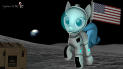 Size: 1920x1080 | Tagged: safe, artist:spinostud, imported from derpibooru, pony, 3d, astronaut, earth, female, flag, generic pony, mare, moon, planet, source filmmaker, space, spacesuit