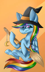 Size: 1024x1622 | Tagged: safe, artist:moonmist11, imported from derpibooru, rainbow dash, pegasus, pony, broom, clothes, costume, female, halloween, halloween costume, hat, simple background, solo, witch, witch hat