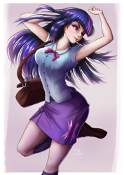 Size: 848x1200 | Tagged: safe, artist:the-park, imported from derpibooru, twilight sparkle, human, equestria girls, armpits, bag, beautiful, big breasts, blouse, border, bowtie, breasts, busty twilight sparkle, clothes, cutie mark on clothes, eyelashes, female, flowing hair, gradient background, humanized, kneesocks, looking sideways, miniskirt, open mouth, pleated skirt, pose, raised arms, raised leg, ribbon, sexy, shoes, shoulder bag, simple background, skirt, smiling, socks, solo, standing, standing on one leg, tight clothing