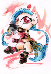 Size: 2399x3437 | Tagged: safe, artist:mashiromiku, imported from derpibooru, pony, braid, jinx (league of legends), league of legends, ponified, solo, traditional art, watercolor painting