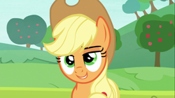 Size: 1366x768 | Tagged: safe, imported from derpibooru, screencap, applejack, earth pony, pony, non-compete clause, apple tree, cowboy hat, female, hat, lidded eyes, mare, smiling, smirk, solo, stetson, tree