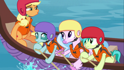 Size: 1366x768 | Tagged: safe, imported from derpibooru, screencap, applejack, ocellus, sandbar, silverstream, changedling, changeling, classical hippogriff, earth pony, hippogriff, pony, non-compete clause, canoe, female, group, helmet, lifejacket, male, mare, oar, quartet, rowing, teenager, water
