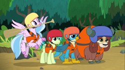 Size: 1366x768 | Tagged: safe, imported from derpibooru, screencap, gallus, sandbar, silverstream, yona, classical hippogriff, earth pony, griffon, hippogriff, pony, yak, non-compete clause, beak hold, cloven hooves, female, flying, group, helmet, lifejacket, male, monkey swings, oar, quartet, teenager