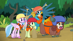 Size: 1366x768 | Tagged: safe, imported from derpibooru, screencap, gallus, sandbar, silverstream, yona, classical hippogriff, earth pony, griffon, hippogriff, pony, yak, non-compete clause, cloven hooves, female, group, helmet, lifejacket, male, monkey swings, oar, paddle, quartet, smiling, spread wings, teenager, wings