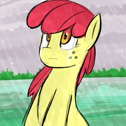 Size: 1000x1000 | Tagged: safe, artist:claribell3, imported from derpibooru, apple bloom, pony, crying, female, freckles, missing accessory, rain, solo
