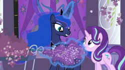 Size: 1280x720 | Tagged: safe, imported from derpibooru, screencap, princess luna, starlight glimmer, alicorn, pony, unicorn, a royal problem, canterlot castle, cart, cute, female, flower, jewelry, lavender, levitation, looking at each other, magic, mare, night, peytral, pillar, regalia, smiling, stained glass, telekinesis, that pony sure does love lavender