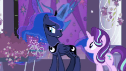 Size: 1280x720 | Tagged: safe, imported from derpibooru, screencap, princess luna, starlight glimmer, pony, a royal problem, animated, canterlot castle, cart, cute, female, flower, lavender, levitation, magic, night, pillar, smiling, sniffing, sound, stained glass, telekinesis, that pony sure does love lavender, webm