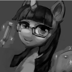 Size: 795x803 | Tagged: safe, artist:kunshomo, imported from derpibooru, twilight sparkle, pony, female, glasses, mare, monochrome, pencil, solo