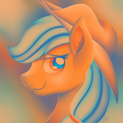 Size: 3000x3000 | Tagged: safe, artist:iraincloud, imported from derpibooru, applejack, pony, abstract background, bust, ear fluff, female, limited palette, portrait, profile, signature, solo