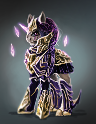 Size: 900x1161 | Tagged: safe, artist:elkaart, imported from derpibooru, oc, oc only, pony, unicorn, armor, crystal, glowing horn, gradient background, knight, looking at you, magic, male, solo, stallion