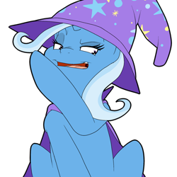 Size: 1280x1280 | Tagged: safe, artist:bennimarru, imported from derpibooru, trixie, pony, cape, clothes, female, flat colors, hat, open mouth, raised eyebrow, simple background, sitting, sneer, solo, transparent background, trixie's cape, trixie's hat