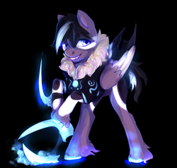 Size: 800x762 | Tagged: safe, artist:elkaart, imported from derpibooru, oc, oc only, hybrid, pegasus, pony, bipedal, bipedal leaning, black background, clothes, glowing hooves, leaning, male, simple background, smiling, stallion, wings