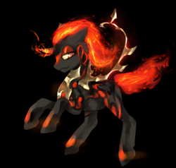 Size: 900x857 | Tagged: safe, artist:elkaart, imported from derpibooru, oc, oc only, pony, unicorn, black background, female, fire, glowing horn, mane of fire, mare, rearing, simple background, solo