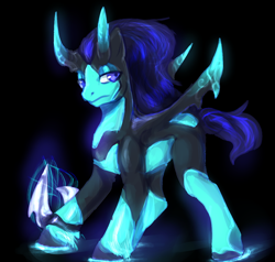 Size: 800x762 | Tagged: safe, artist:elkaart, imported from derpibooru, oc, oc only, demon pony, pony, black background, blade, hoof blades, horns, male, simple background, solo, stallion, weapon