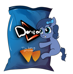 Size: 1369x1377 | Tagged: safe, artist:moonatik, imported from derpibooru, oc, oc only, oc:whinny, pony, bag, bow, chips, doritos, female, food, gift art, hair bow, happy, hug, mare, solo