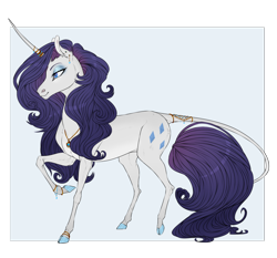 Size: 1280x1192 | Tagged: safe, artist:dementra369, imported from derpibooru, rarity, classical unicorn, pony, unicorn, alternate universe, bracelet, cloven hooves, colored hooves, eyeshadow, female, horn jewelry, jewelry, leonine tail, lidded eyes, long horn, makeup, mare, pendant, raised hoof, realistic horse legs, solo, tail jewelry