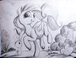 Size: 3875x2964 | Tagged: safe, artist:ponsce, imported from derpibooru, angel bunny, fluttershy, pegasus, pony, black and white, female, grayscale, mare, monochrome, smiling, traditional art