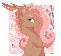 Size: 949x878 | Tagged: safe, artist:teapup, imported from derpibooru, oc, oc only, deer, pony, reindeer, antlers, female, half body, looking at you, mare, on side, pink, side, side view, solo