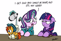 Size: 4905x3289 | Tagged: safe, artist:bobthedalek, imported from derpibooru, starlight glimmer, sunburst, twilight sparkle, alicorn, pony, unicorn, bathrobe, book, clothes, crush plush, duo, female, funny, hot water bottle, implied starburst, judging you, kettle, male, mare, not creepy, plushie, robe, shipping, simple background, starburst, straight, twilight is not amused, twilight sparkle is not amused, unamused