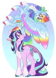 Size: 742x1024 | Tagged: safe, artist:wanderingpegasus, imported from derpibooru, rainbow dash, starlight glimmer, classical unicorn, pegasus, pony, unicorn, chest fluff, cloven hooves, coat markings, colored hooves, colored wings, colored wingtips, duo, female, leonine tail, looking at each other, mare, socks (coat marking), socks (coat markings), unshorn fetlocks