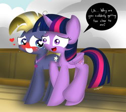 Size: 1024x918 | Tagged: safe, artist:cloudyzu, imported from derpibooru, star tracker, twilight sparkle, alicorn, pony, once upon a zeppelin, blushing, dialogue, female, heart, heart eyes, male, one sided shipping, one-sided love, shipping, speech bubble, straight, sweat, twilight sparkle (alicorn), twitracker, wingding eyes