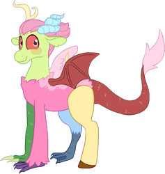 Size: 678x714 | Tagged: safe, imported from derpibooru, oc, oc only, oc:jangle, draconequus, 2019 community collab, derpibooru community collaboration, cis, cis guy, draconequus oc, horns, male, simple background, smiling, solo, transparent background, wings