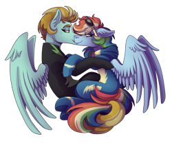 Size: 3600x3000 | Tagged: safe, artist:kikirdcz, imported from derpibooru, lightning dust, rainbow dash, pegasus, pony, clothes, female, kissing, lesbian, mare, rainbowdust, shipping, simple background, smiling, transparent background, uniform, washouts uniform, wonderbolts uniform