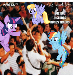 Size: 2921x3072 | Tagged: safe, imported from derpibooru, screencap, cloud kicker, rainbow dash, twilight sparkle, alicorn, human, album cover, caption, twilight sparkle (alicorn), weezer