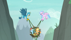 Size: 1366x768 | Tagged: safe, imported from derpibooru, applejack, gallus, rainbow dash, silverstream, classical hippogriff, earth pony, griffon, hippogriff, pegasus, pony, non-compete clause, cage, carrying, female, flying, looking down, male, mare, vine