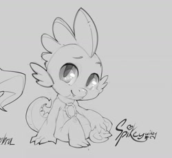 Size: 1280x1174 | Tagged: safe, artist:hallogreen, imported from derpibooru, spike, dragon, gem, gray background, grayscale, jewelry, lineart, male, monochrome, necklace, signature, simple background