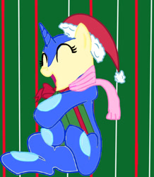 Size: 762x874 | Tagged: safe, artist:volcanicdash, imported from derpibooru, oc, oc:pond, greninja, pony, unicorn, christmas, crossover, female, hat, holiday, mare, nintendo, pokémon, ponified, present, santa hat, super smash bros.