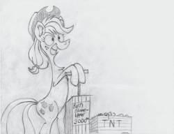 Size: 1279x983 | Tagged: safe, artist:algernon97, imported from derpibooru, applejack, pony, bipedal, detonator, dynamite, explosives, female, imminent explosion, monochrome, pencil drawing, solo, text, traditional art