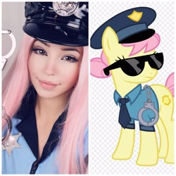 Size: 3464x3464 | Tagged: safe, artist:blah23z, color edit, edit, imported from derpibooru, copper top, fluttershy, earth pony, human, pony, alternate cutie mark, belle delphine, colored, cuffs, earth pony fluttershy, female, guffs, hat, irl, irl human, mare, necktie, photo, police, police officer, police pony, police uniform, race swap, recolor, solo, sunglasses