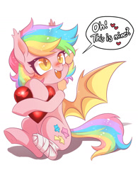 Size: 1123x1440 | Tagged: safe, artist:renokim, imported from derpibooru, oc, oc only, oc:paper stars, bat pony, pony, amputee, bandage, bat pony oc, bat wings, blushing, cute, cute little fangs, cutie mark, diabetes, dialogue, ear fluff, fangs, female, heart, hnnng, hug, missing limb, rainbow hair, simple background, sitting, slit eyes, slit pupils, solo, speech bubble, stump, text, underhoof, weapons-grade cute, white background, wings