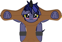 Size: 3151x2170 | Tagged: safe, artist:feathertrap, deleted from derpibooru, imported from derpibooru, oc, oc only, oc:rainy day, pony, unicorn, pony creator, 1000 hours in gimp, blushing, bondage, embarrassed, floppy ears, hooves up, horn cap, looking at you, magic suppression, male, malesub, prisoner, punishment, shackles, simple background, solo, stallion, stocks, submissive, this will end in tickles, transparent background, vector