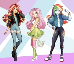 Size: 1080x939 | Tagged: safe, artist:princeivythefirst, imported from derpibooru, fluttershy, rainbow dash, sunset shimmer, equestria girls, equestria girls series, clothes, converse, geode of empathy, geode of fauna, geode of super speed, instagram, jacket, leather jacket, magical geodes, shoes