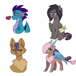 Size: 1280x1280 | Tagged: safe, artist:evergreen-gemdust, imported from derpibooru, oc, oc only, dragon, hybrid, pegasus, pony, bandage, female, interspecies offspring, male, next generation, offspring, parent:capper, parent:capper dapperpaws, parent:discord, parent:fluttershy, parent:princess ember, parent:rarity, parent:spike, parents:capperity, parents:discoshy, parents:emberspike, simple background, white background