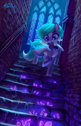 Size: 1791x2756 | Tagged: safe, artist:holivi, imported from derpibooru, oc, oc only, pegasus, pony, commission, crystal, female, mare, mouth hold, solo, stairs