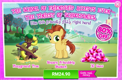 Size: 1040x686 | Tagged: safe, imported from derpibooru, lemon crumble, pegasus, pony, advertisement, background pony, costs real money, female, filly, foal, friendly, friendship student, gameloft, gem, hyper sonic, official, sale, sincere friendship student