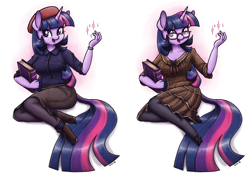 Size: 2224x1600 | Tagged: safe, artist:king-kakapo, imported from derpibooru, twilight sparkle, anthro, book, clothes, female, glasses, pantyhose, solo