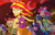 Size: 2164x1392 | Tagged: safe, artist:ilacavgbmjc, imported from derpibooru, applejack, fluttershy, pinkie pie, rainbow dash, rarity, spike, sunset shimmer, twilight sparkle, alicorn, dog, human, equestria girls, rainbow rocks, humane five, humane seven, humane six, microphone, no eyes, ponied up, scene interpretation, spike the dog, twilight sparkle (alicorn)