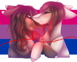 Size: 3111x2498 | Tagged: safe, artist:mauuwde, imported from derpibooru, oc, oc only, oc:leafy, oc:maude, earth pony, pony, bisexual pride flag, bisexuality, female, kissing, lesbian, lgbt, mare, oc x oc, pride, pride flag, red string of destiny, shipping