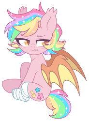 Size: 1343x1822 | Tagged: safe, artist:hawthornss, imported from derpibooru, oc, oc only, oc:paper stars, bat pony, pony, amputee, bandage, bat pony oc, blushing, cute, cute little fangs, disgusted, ear fluff, fangs, female, frown, missing limb, ocbetes, simple background, sitting, transparent background, watermark